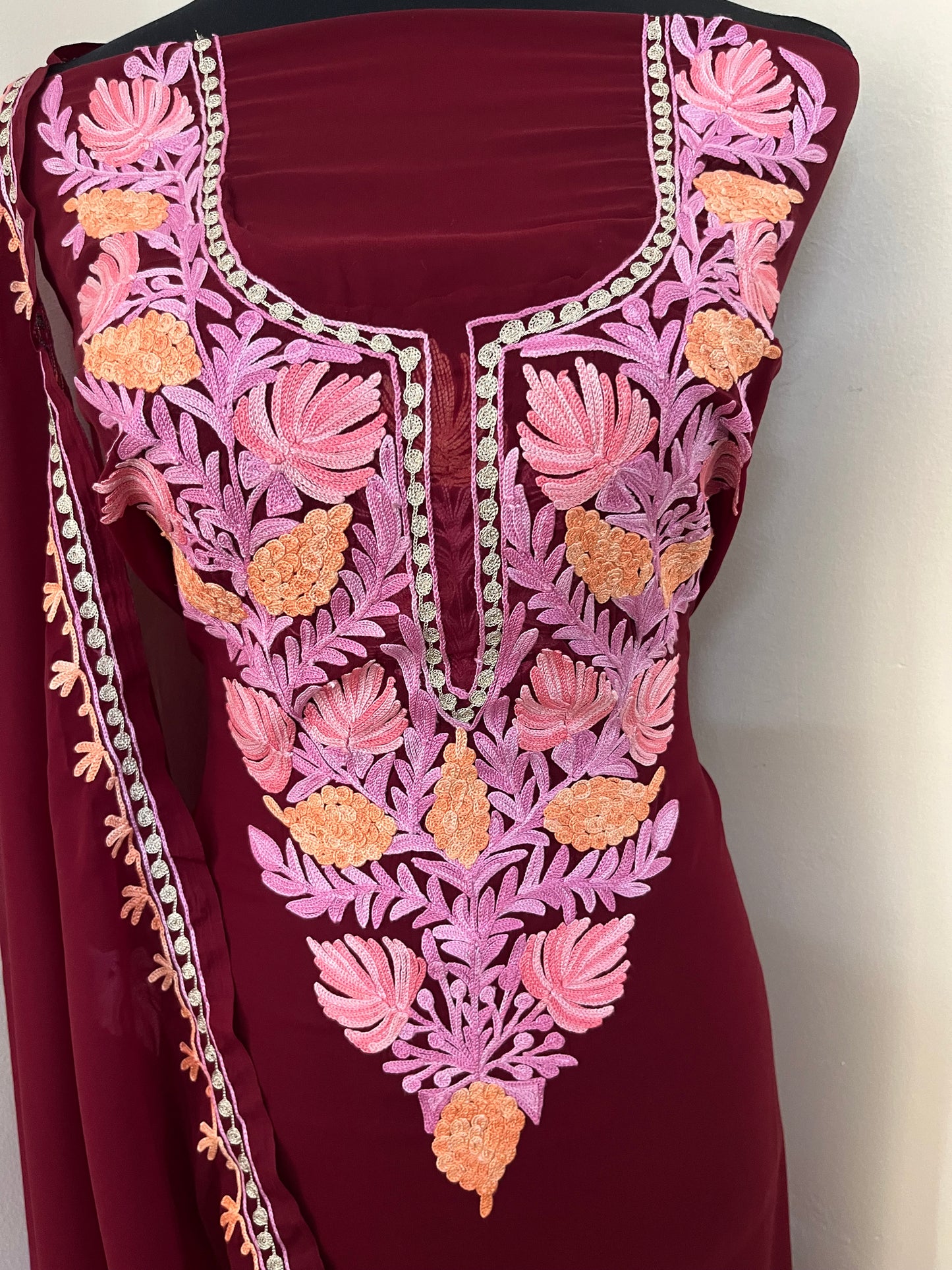 Maroon Georgette 3pc Aari Embroidered Suit