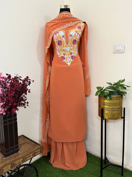 Soft Orange Georgette 3 Pc Aari Embroidered Suit Set
