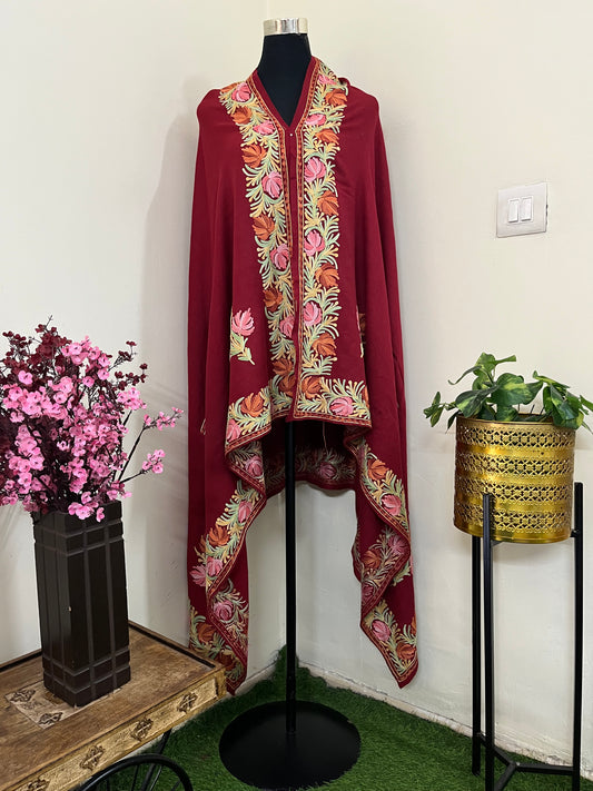 Maroon Aari Embroidered Pure Wool Cape