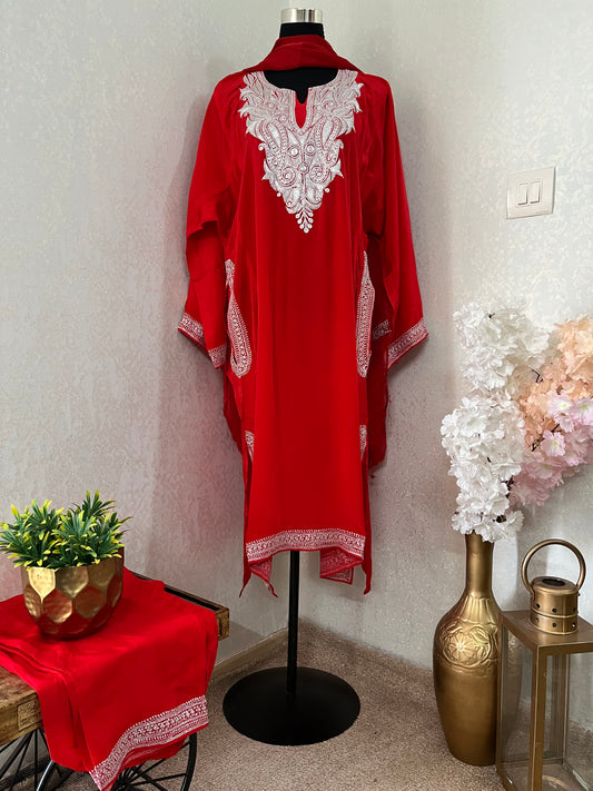 Red Stitched Crape Pheran Set with dupatta (44)