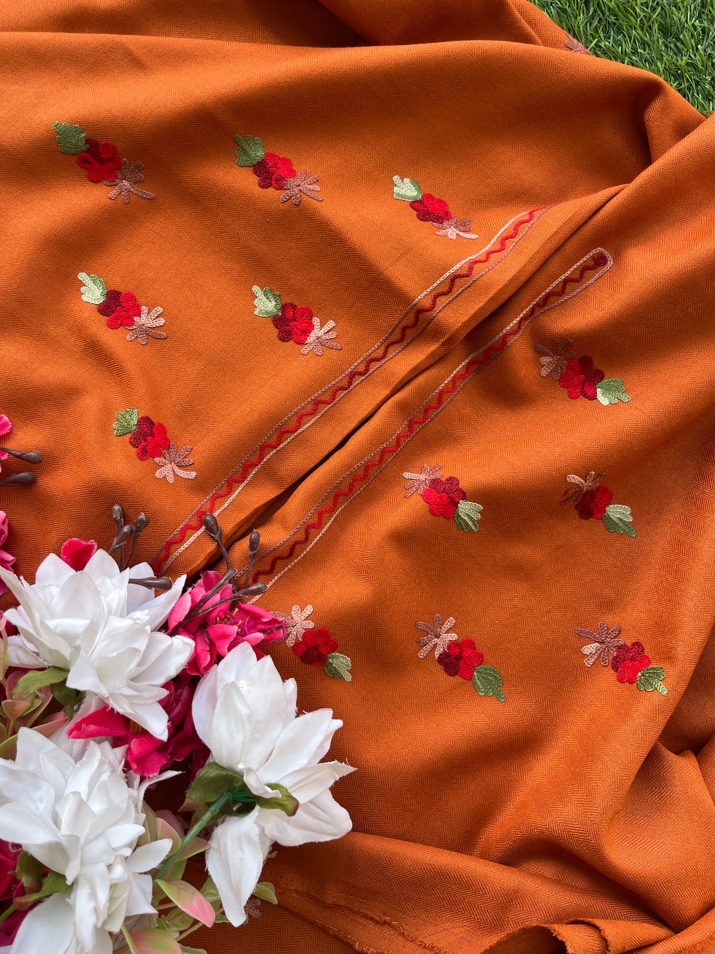 Orange Woollen Aari Embroidered 3pc suit