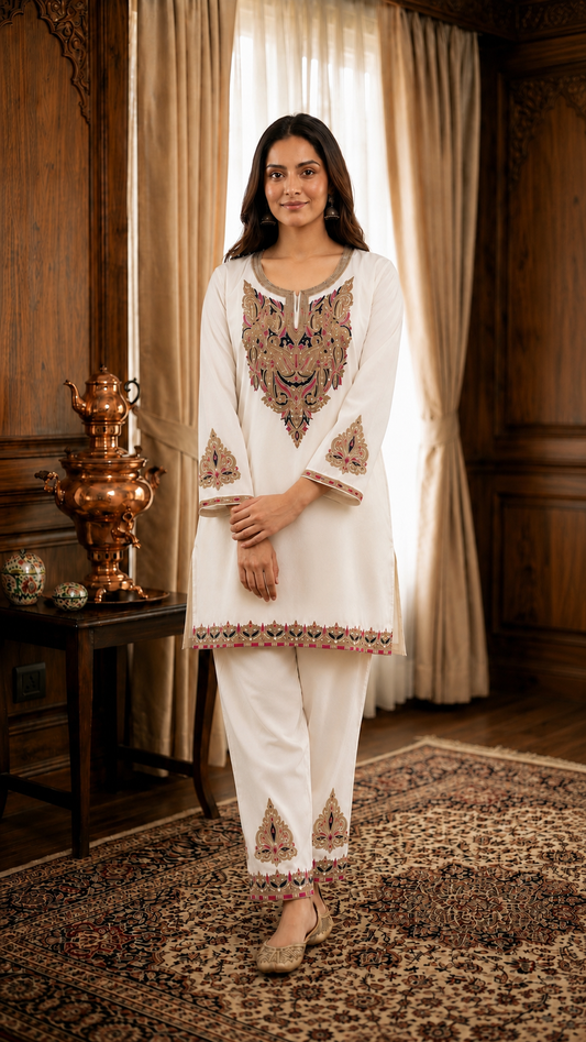 Off White Cotton Stitched Co-ord Set(42) Length 37