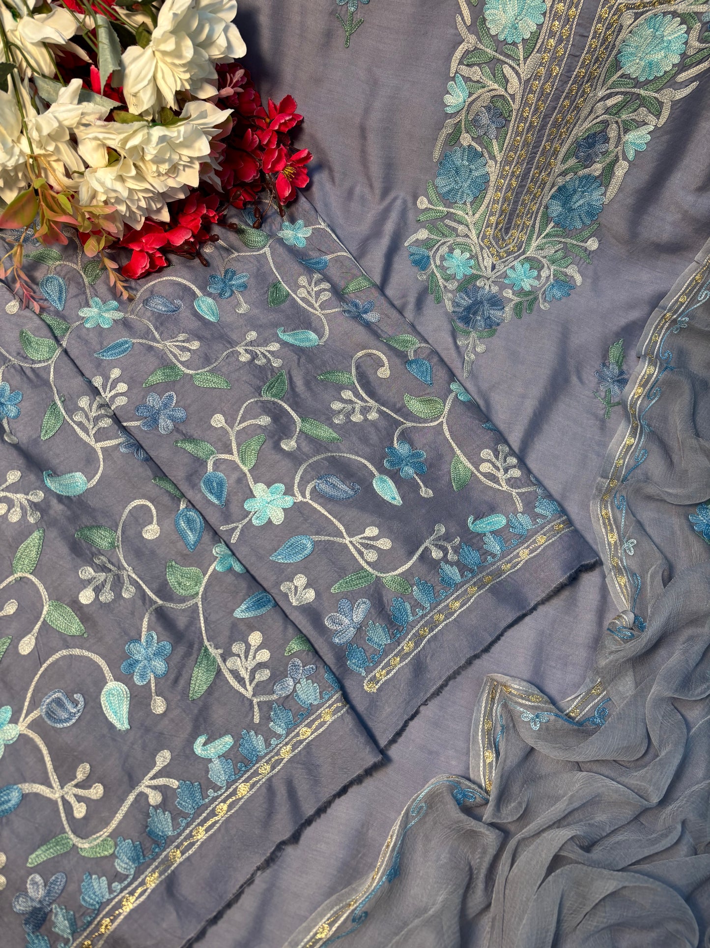 English Grey Muslin Cotton Jaal Sleeves Kashmiri 3pc Suit