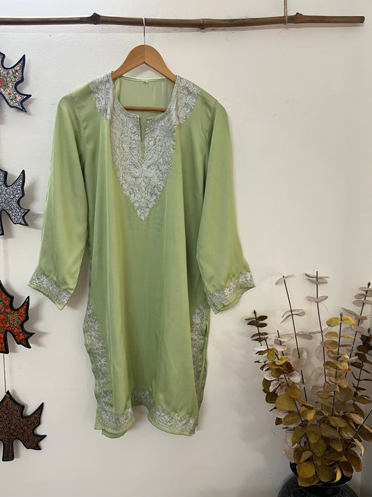 Soft Green Cotton Tilla Embroidered Stitched Kurta