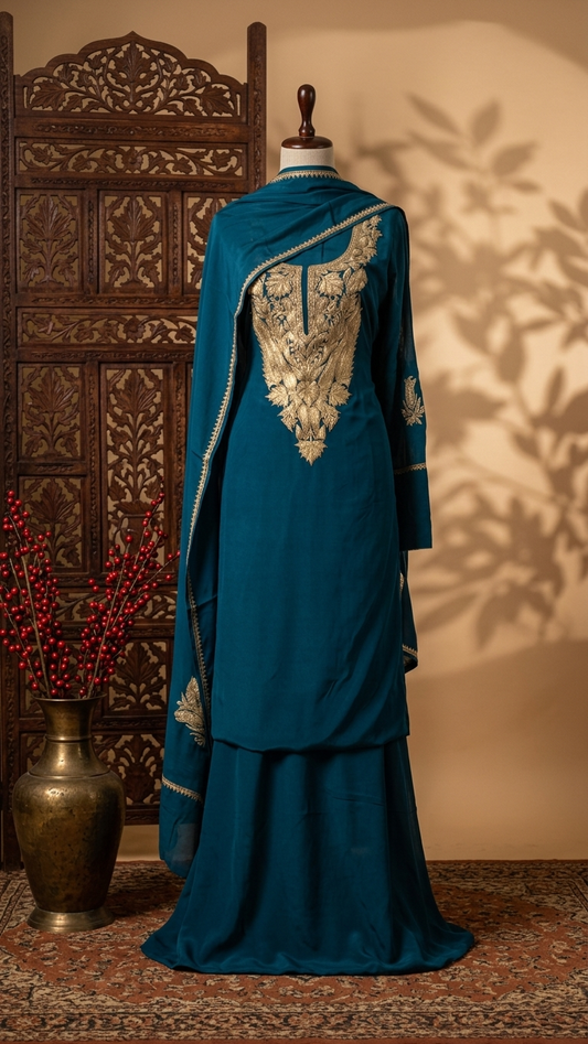 Peacock Blue Crape Kashmiri Suit