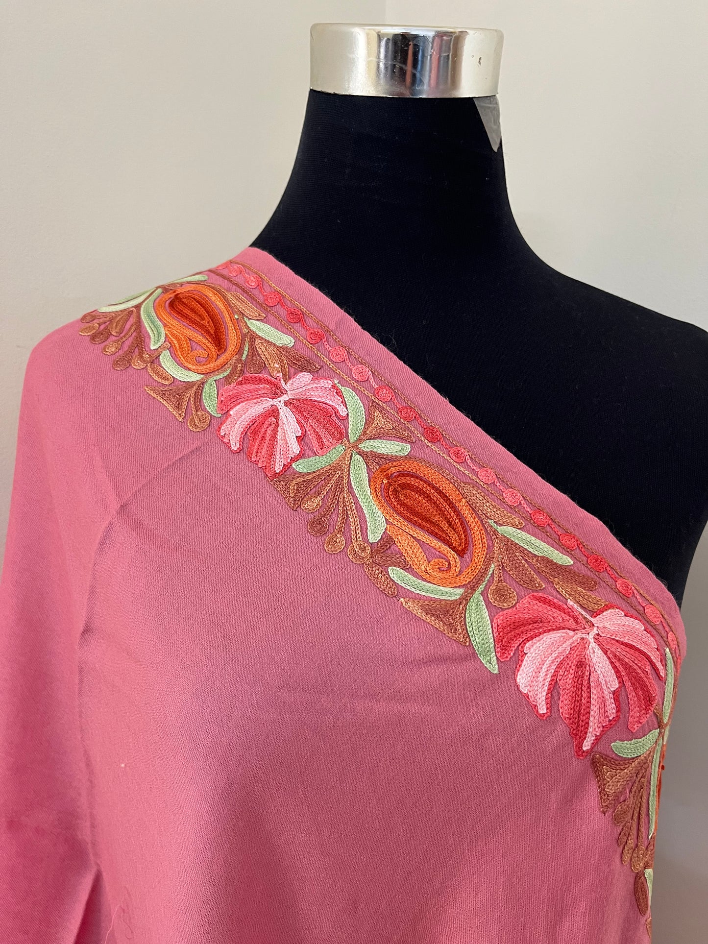 Soft Pink Fine Semi Pashmina Aari Embroidered stole