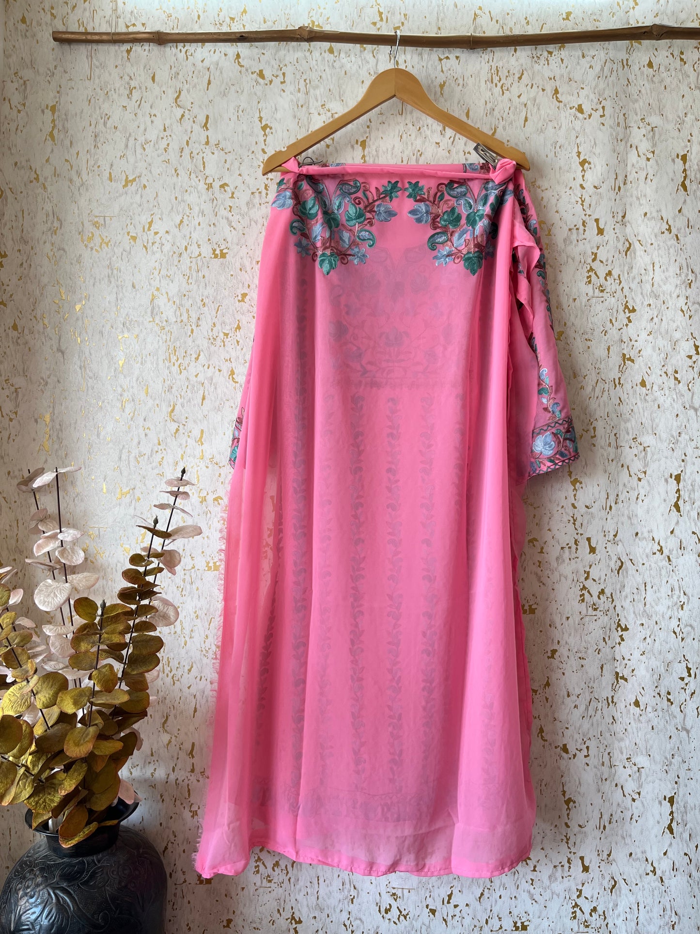 Pink Georgette All over Work Aari Embroidered Unstitched Kurta Material