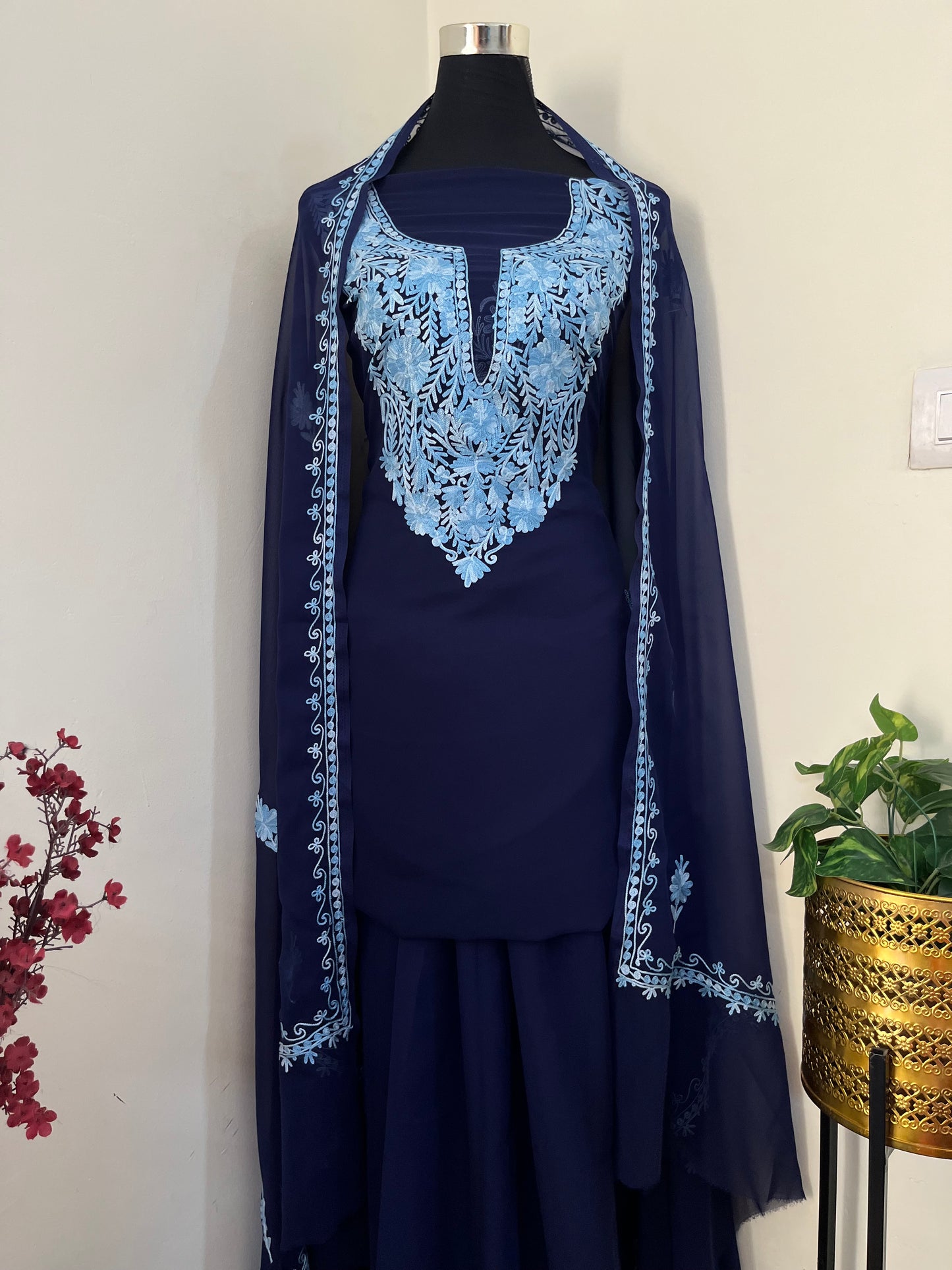 Navy blue Georgette 3 Pc Aari Embroidered Suit Set