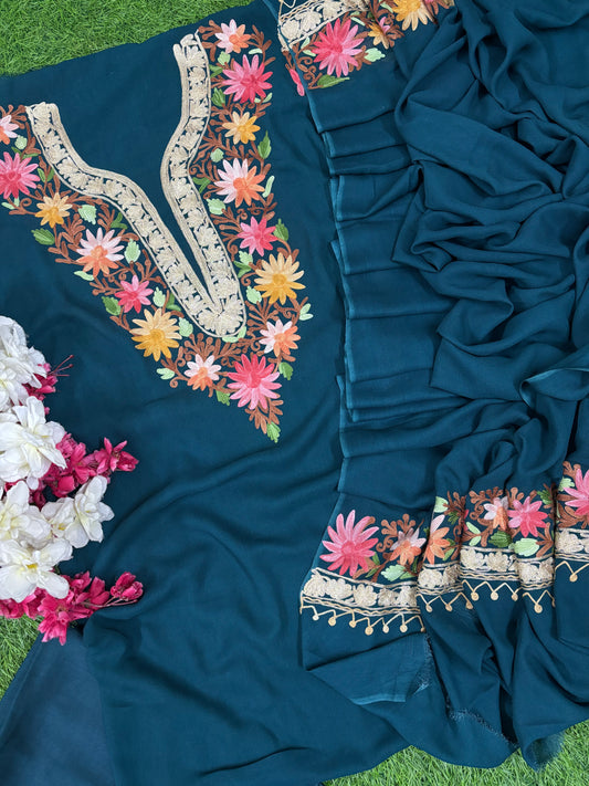 Peacock Blue Pure Georgette Kashmiri Suit