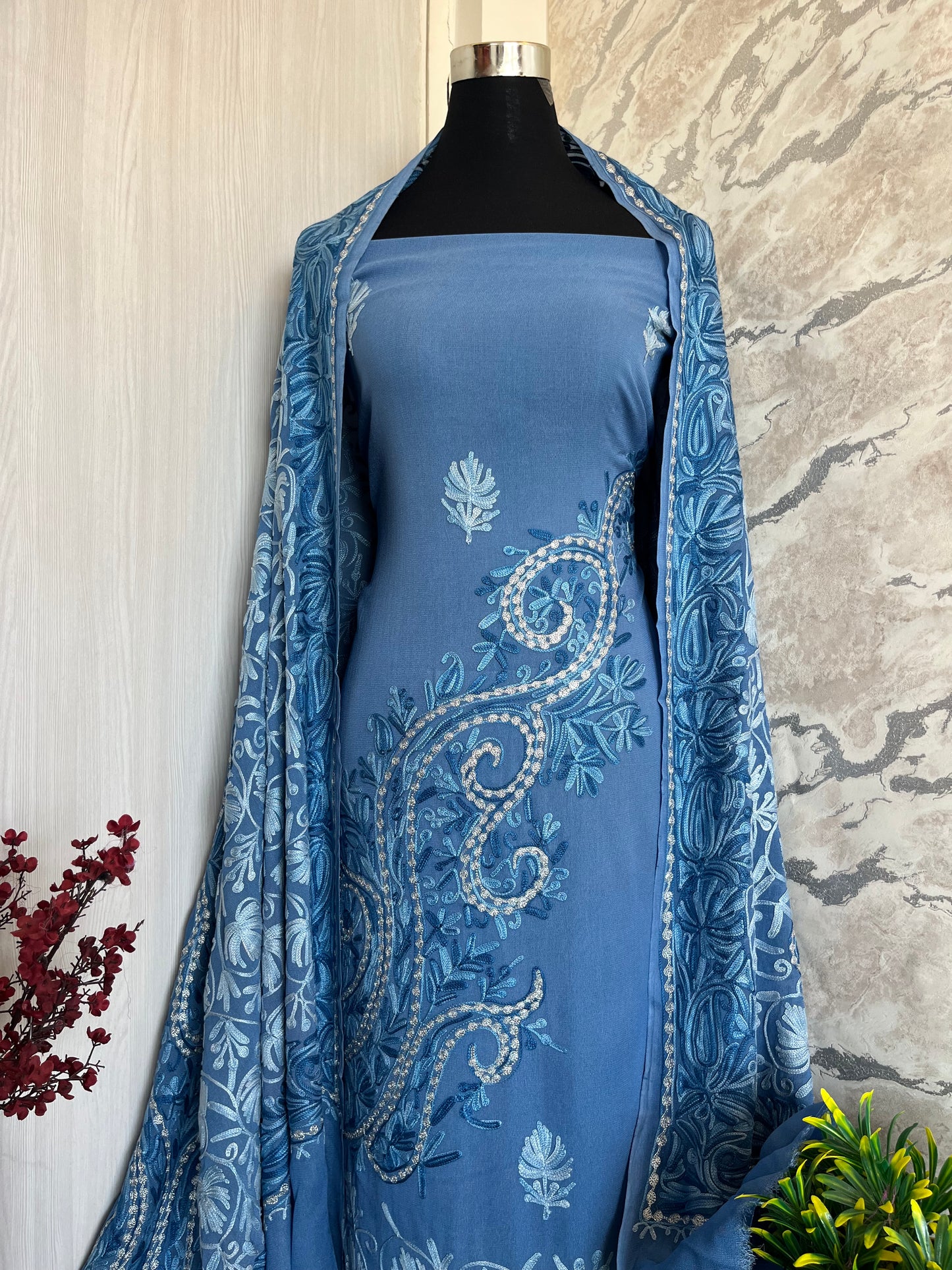Blue Pure Georgette Aari Embroidered Suit