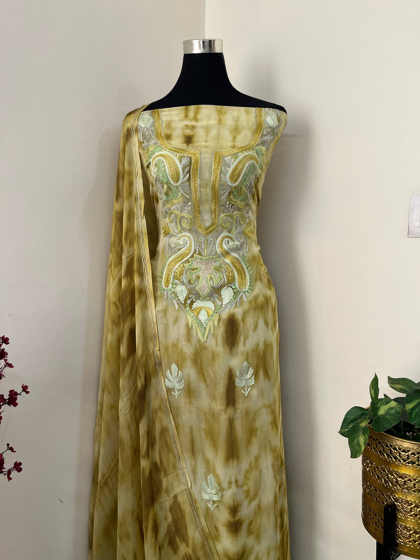 Lime Green Pure Georgette Ty Dy Kashmiri Suit