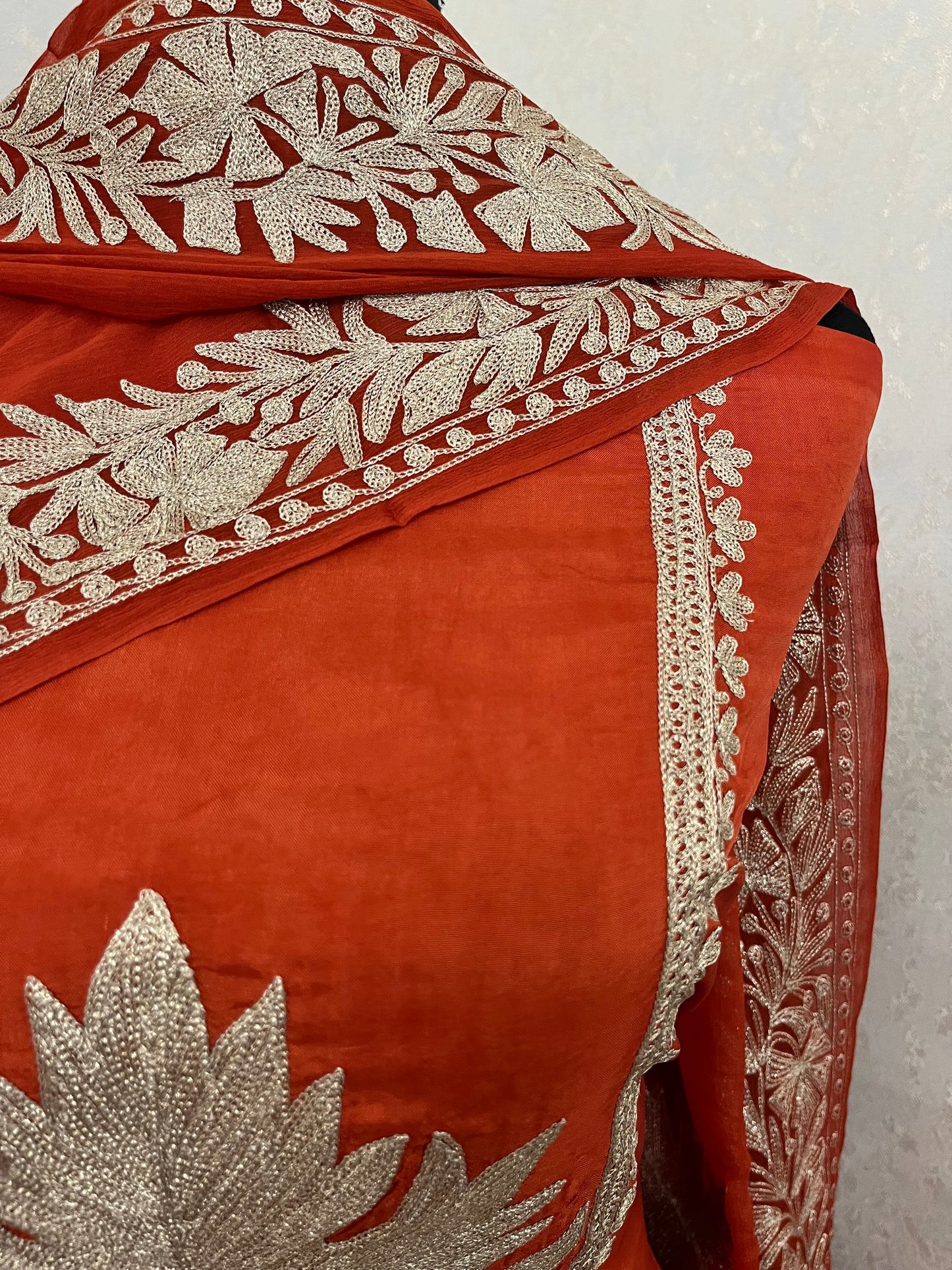 Orange Rust Sanam’ Tilla Kashmiri Silk Suit