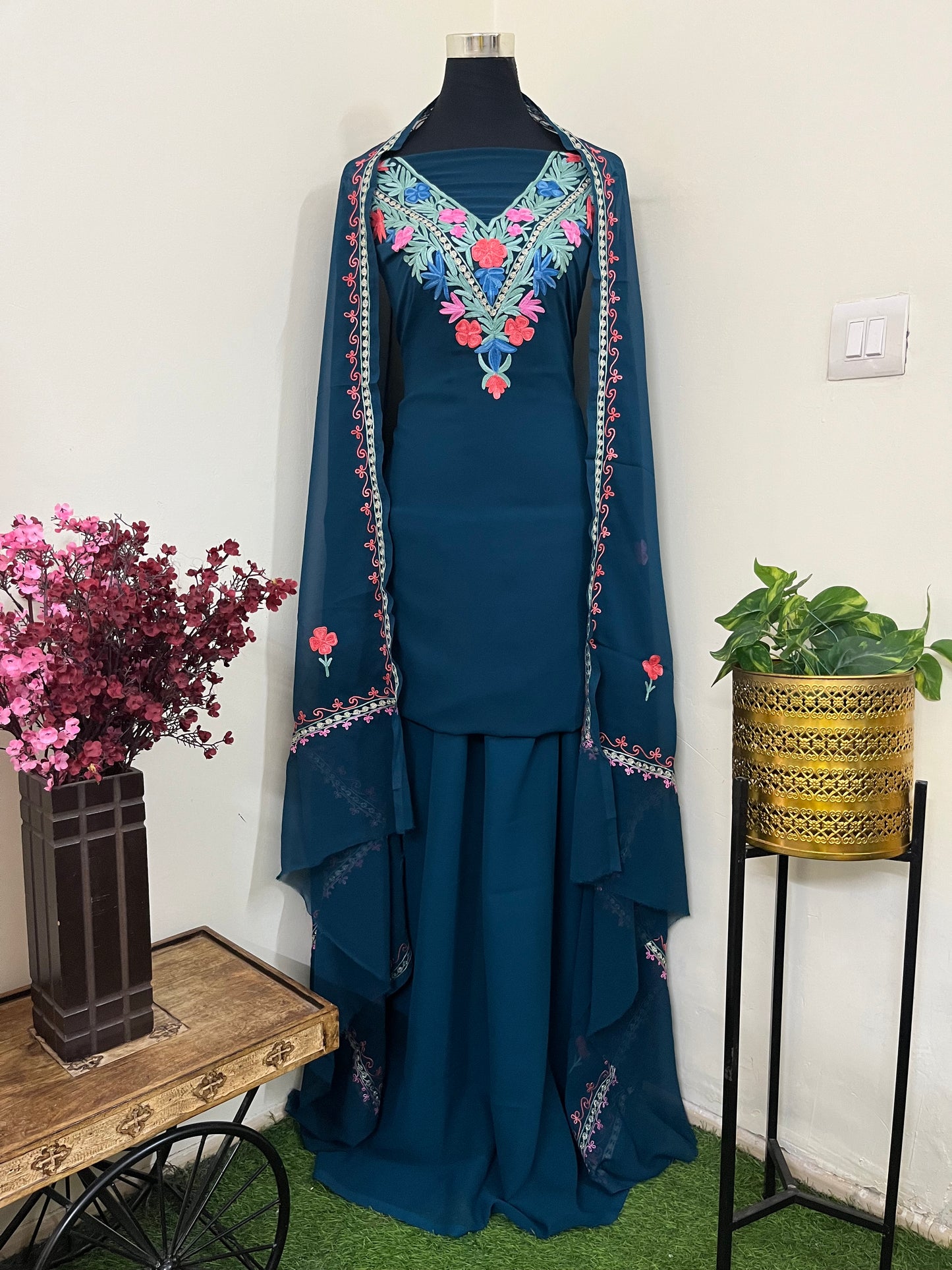 Teal blue Georgette 3 Pc Aari Embroidered Suit Set