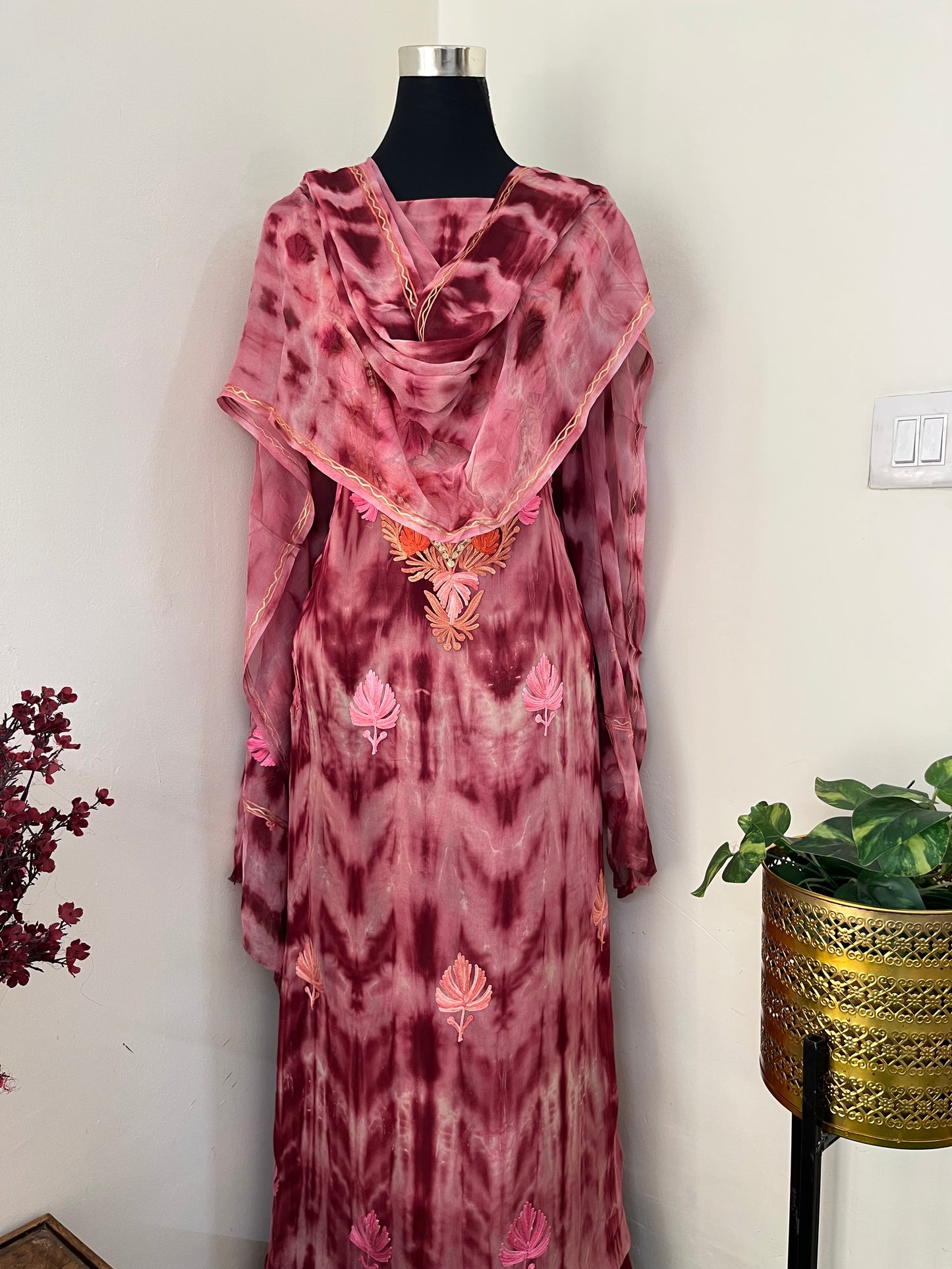 Cherry Red Pure Georgette Ty Dy Kashmiri Suit