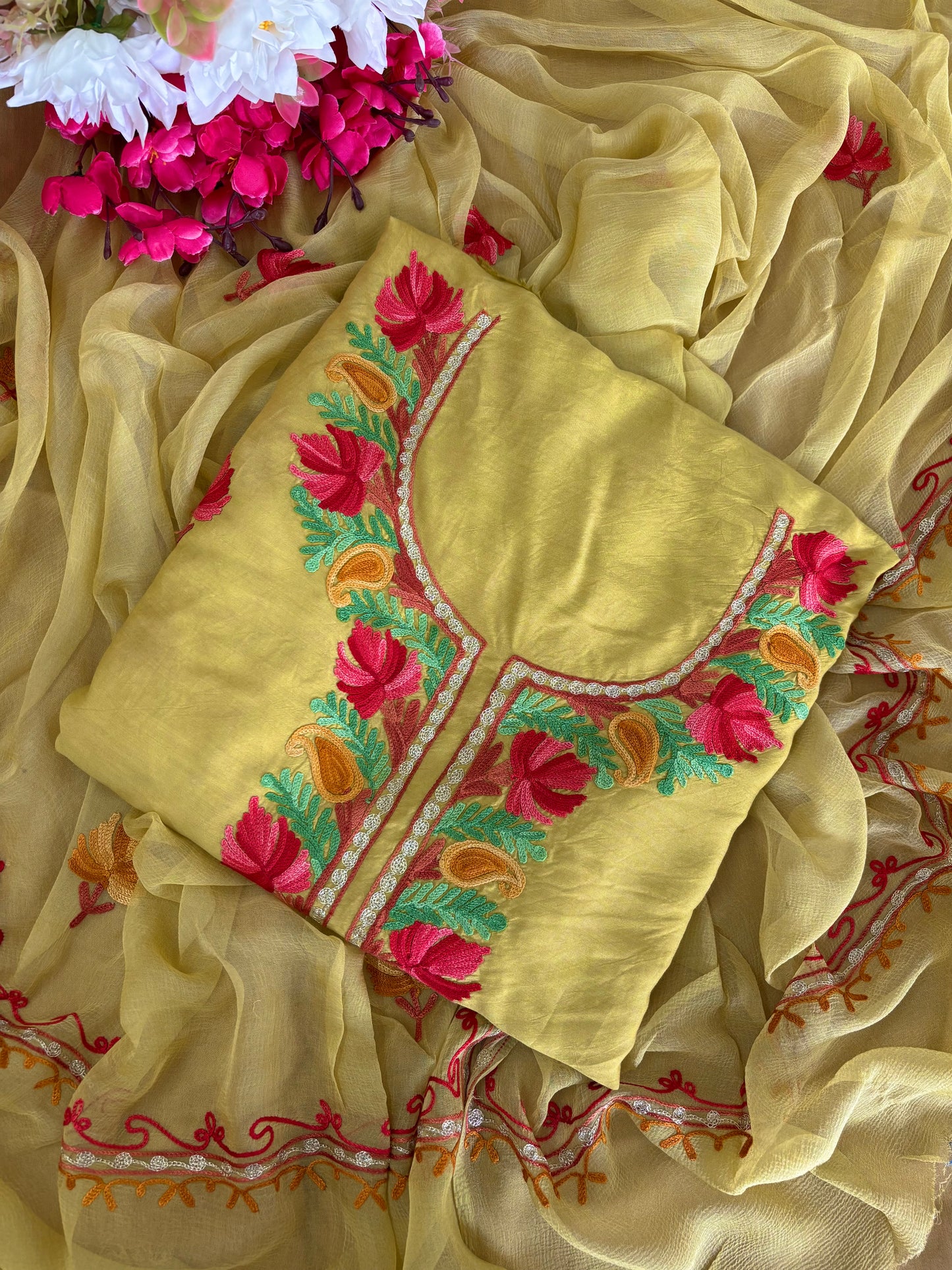 Soft Green Muslin Cotton Jaal Sleeves Kashmiri 3pc Suit