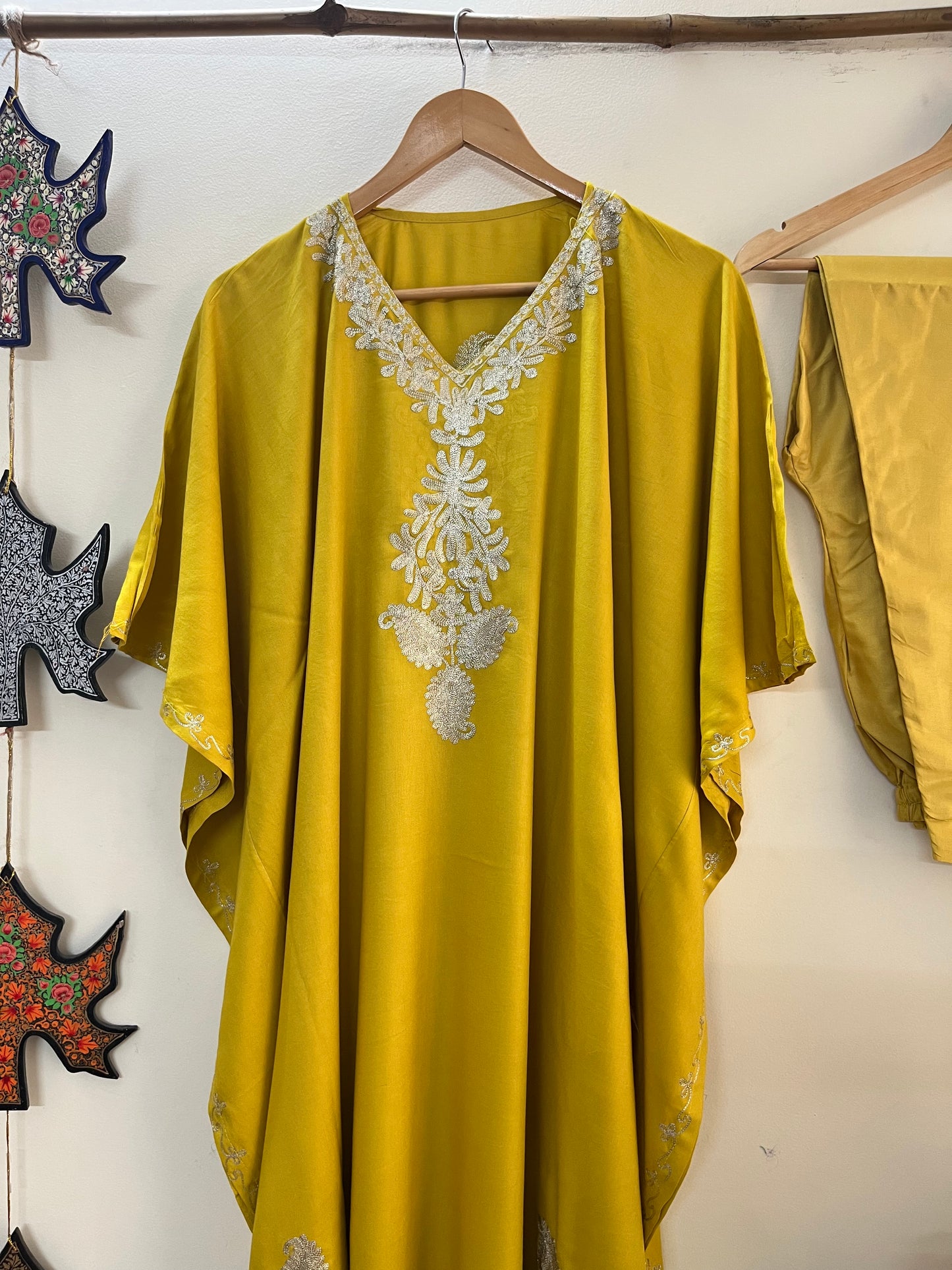 Golden Yellow Rayon Cotton Kashmiri Tilla Kaftan