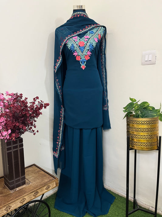 Teal blue Georgette 3 Pc Aari Embroidered Suit Set
