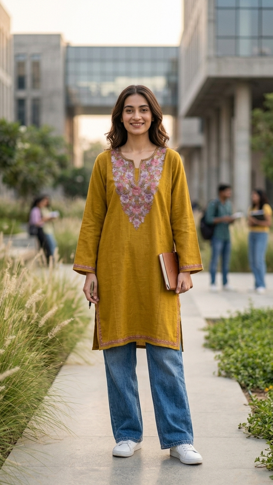Golden Yellow Aari Embroidered Wool Pheran