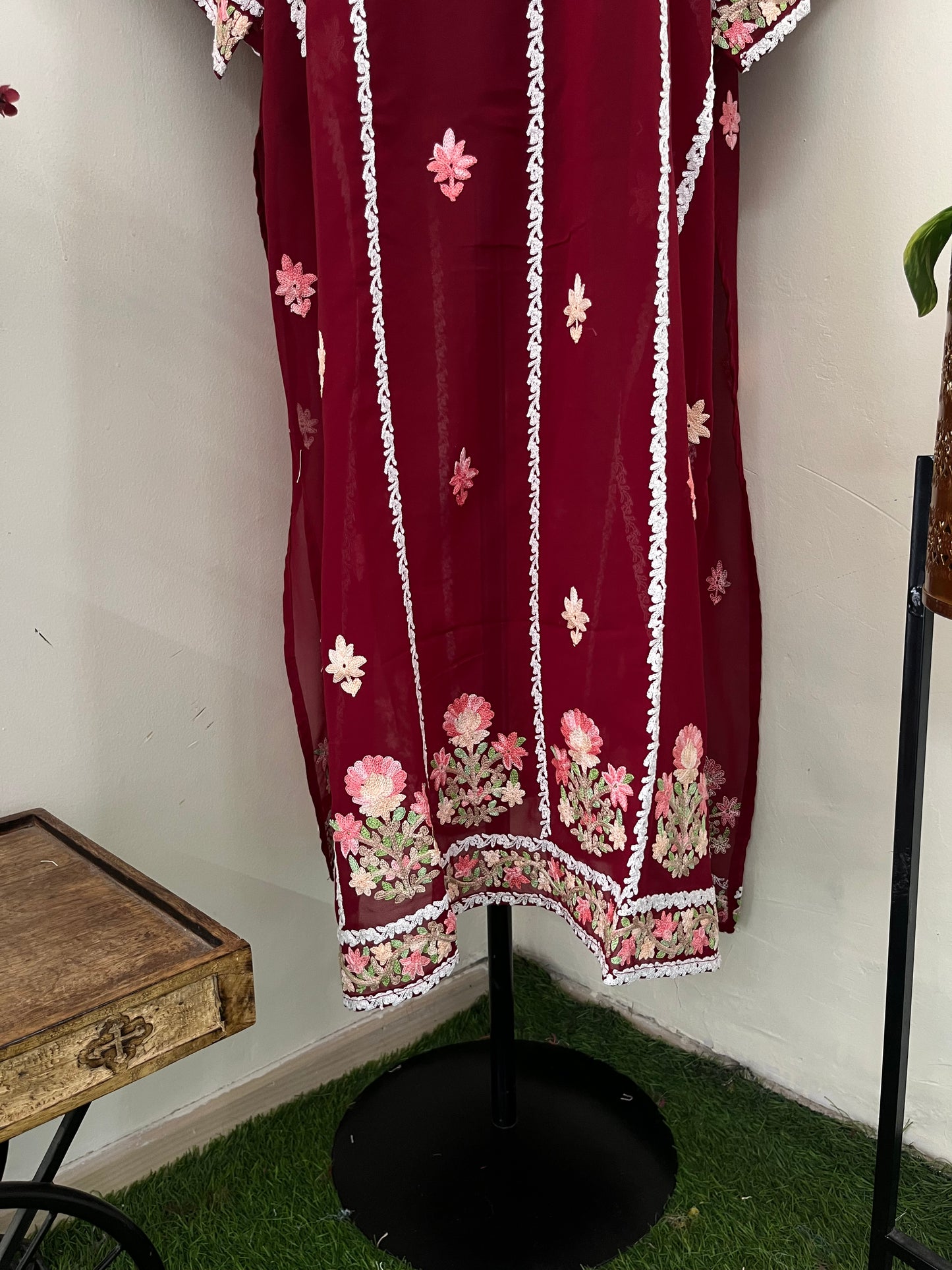 Maroon Georgette All over Work Aari Embroidered Unstitched Kurta