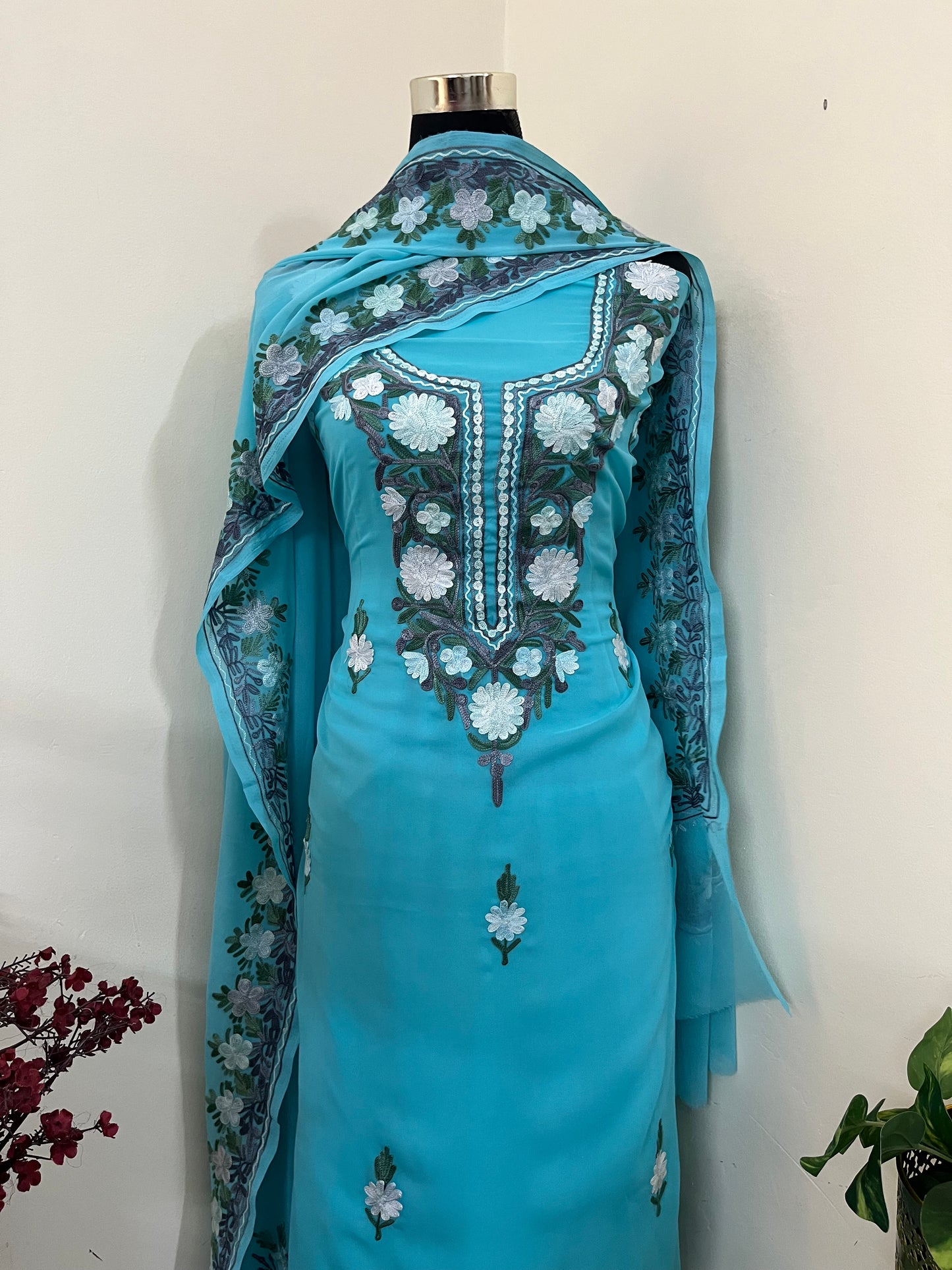 Sky Blue Georgette 3 Pc Aari Embroidered Suit Set