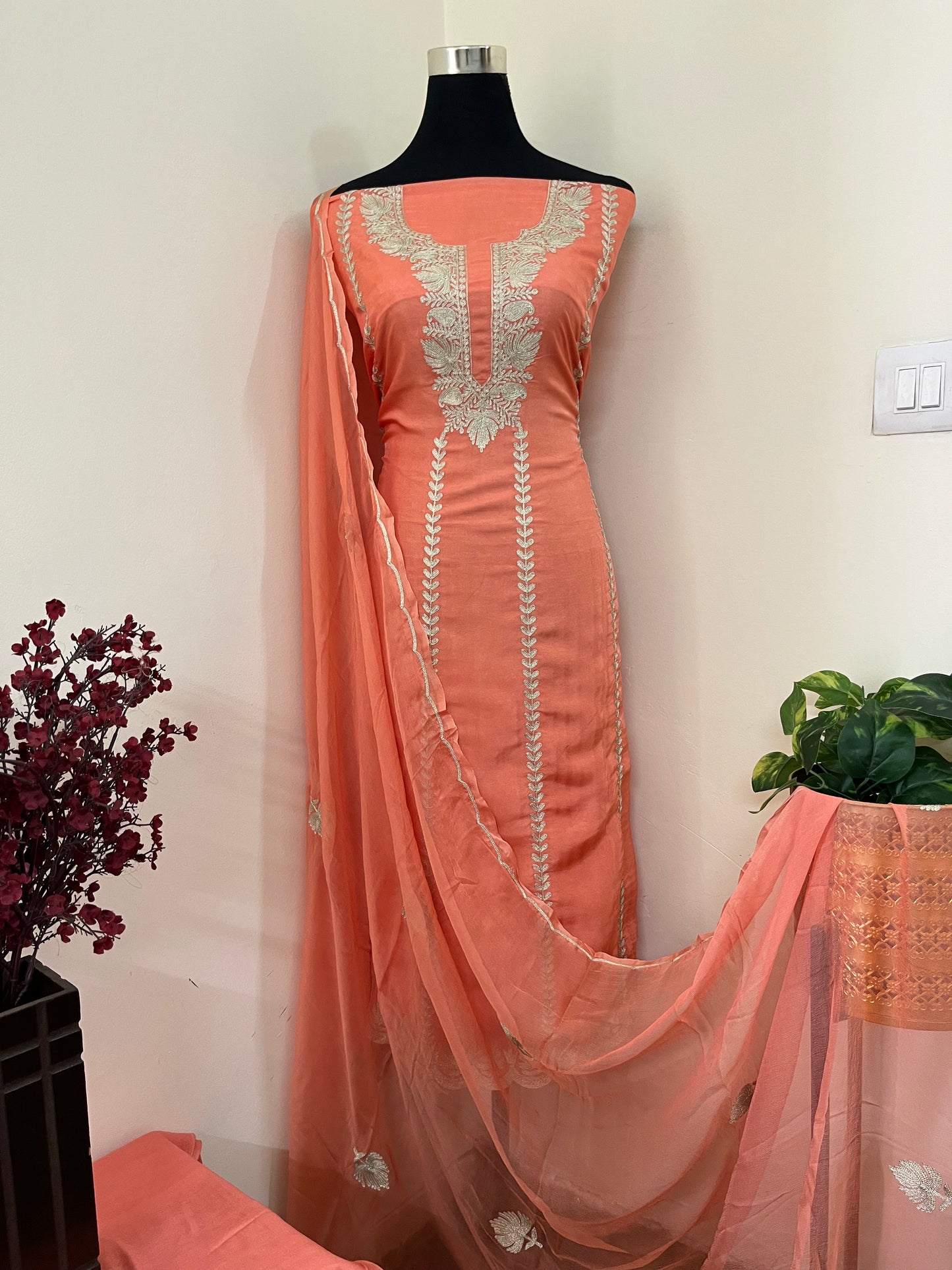 Sanam’ Peach Silk Tilla Embroidered Suit material