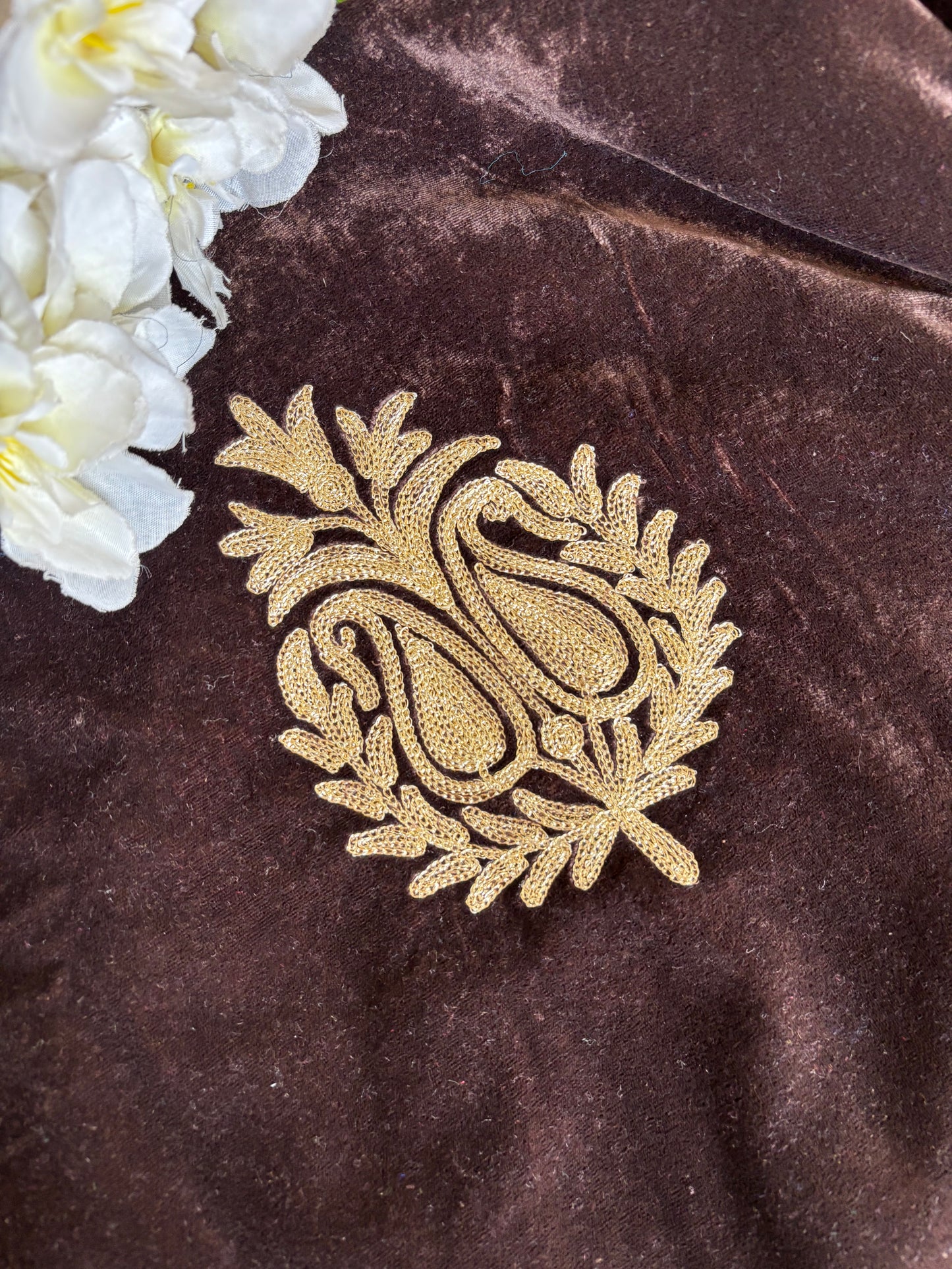 Coffee Brown Tilla Embroidered Velvet 2pc Suit Material