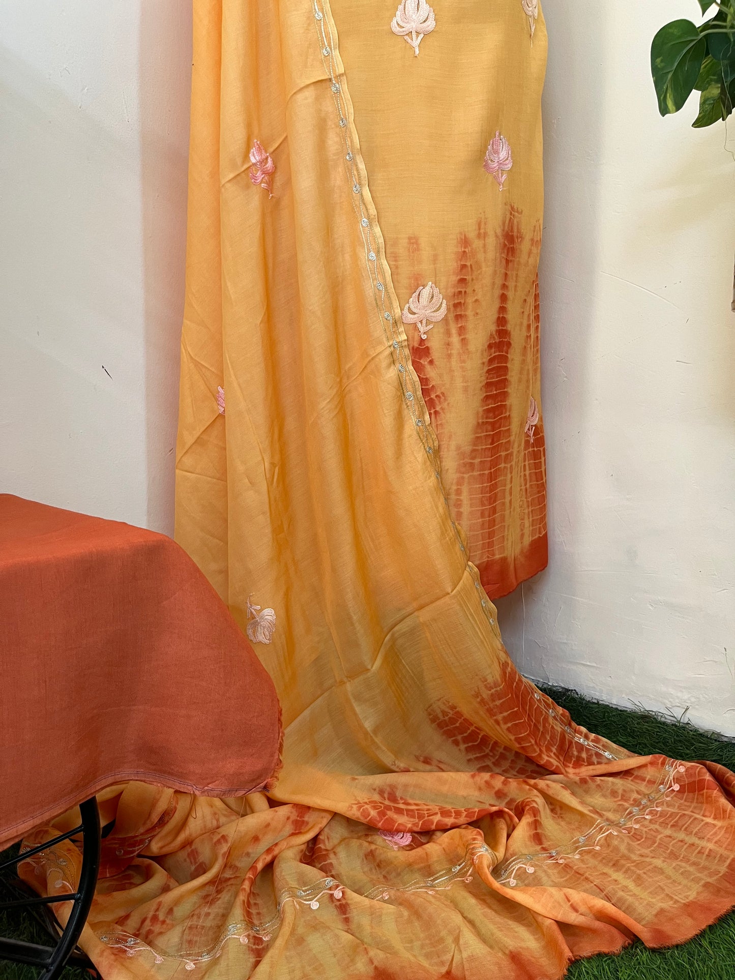 Soft Orange Mul Cotton Shibori Work Kashmiri 3pc Suit