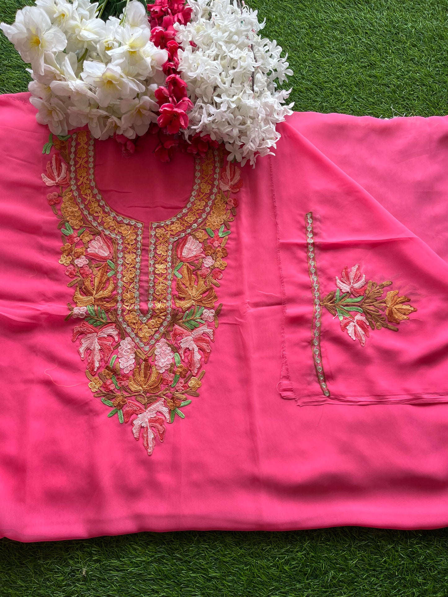 Pink Georgette Aari Embroidered Unstitched Kurta Material