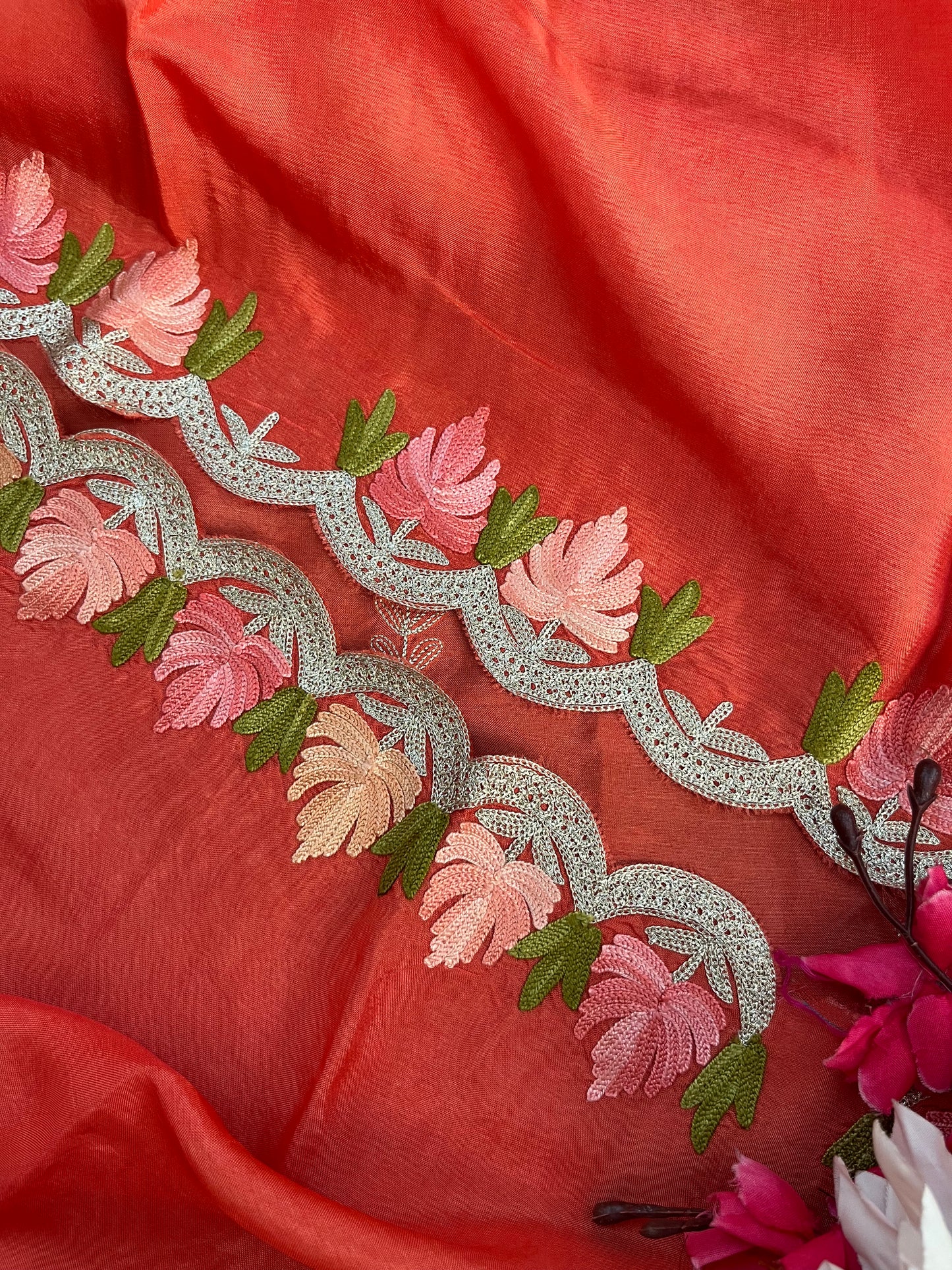 Sanam’ Orange Silk Aari Embroidered Suit material