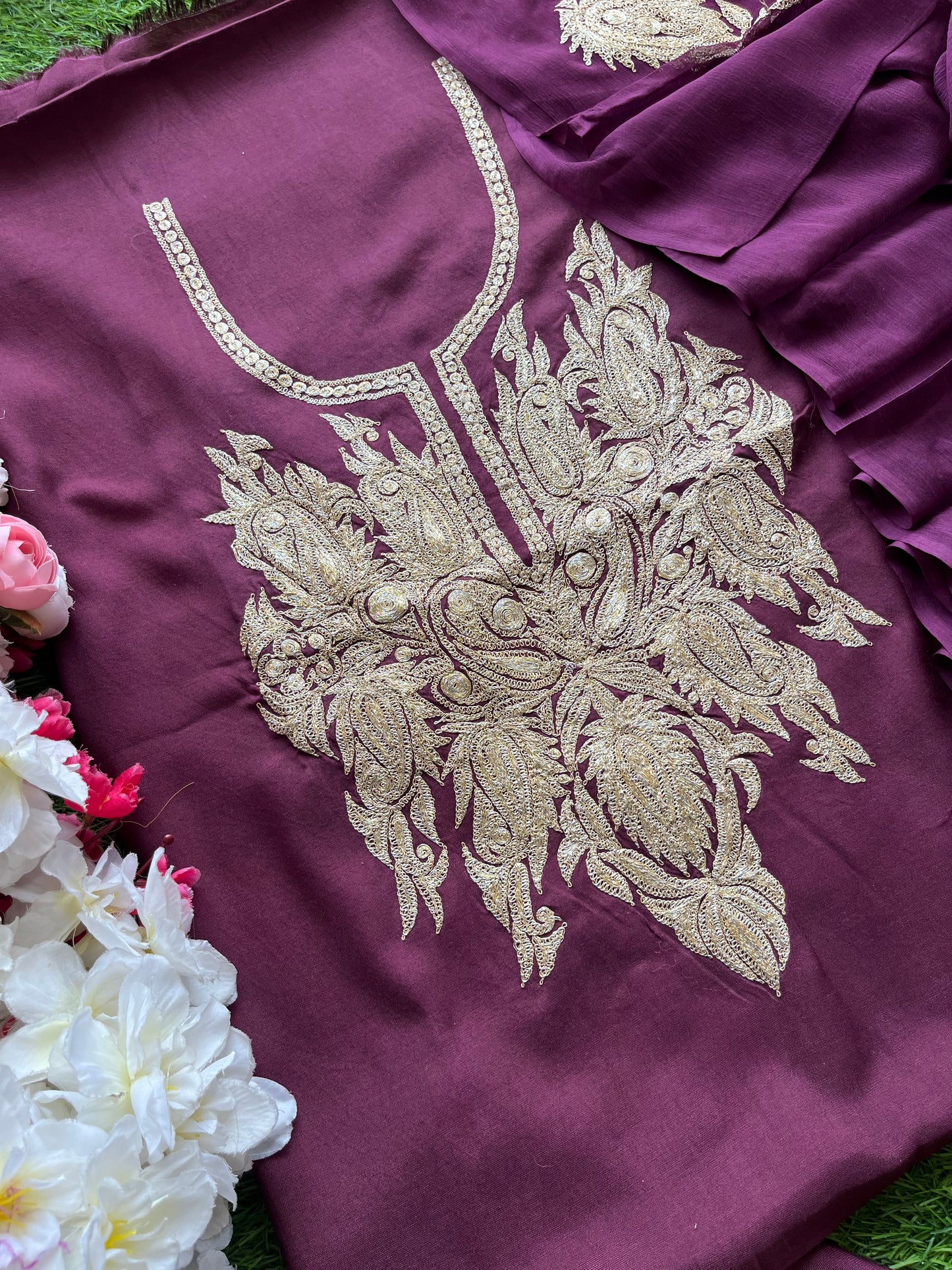 ‘Kalaa’ Wine Muslin Silk Tilla Embroidered Suit material