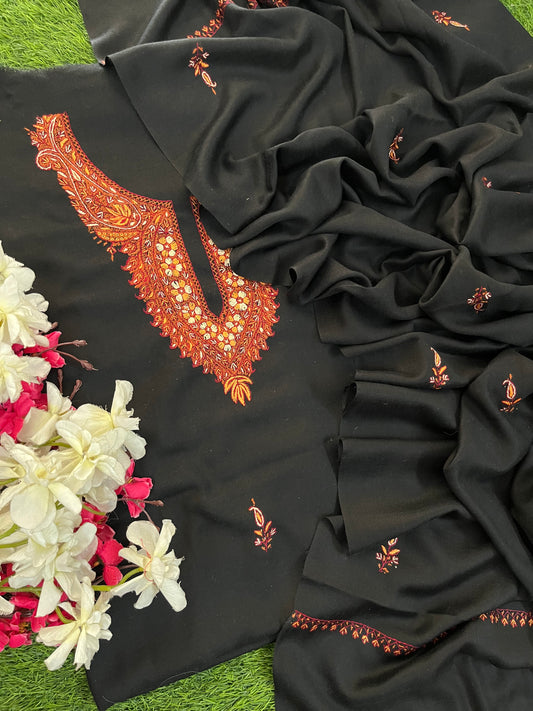 Black Fine Wool Sozni Embroidered 3pc Suit Stole