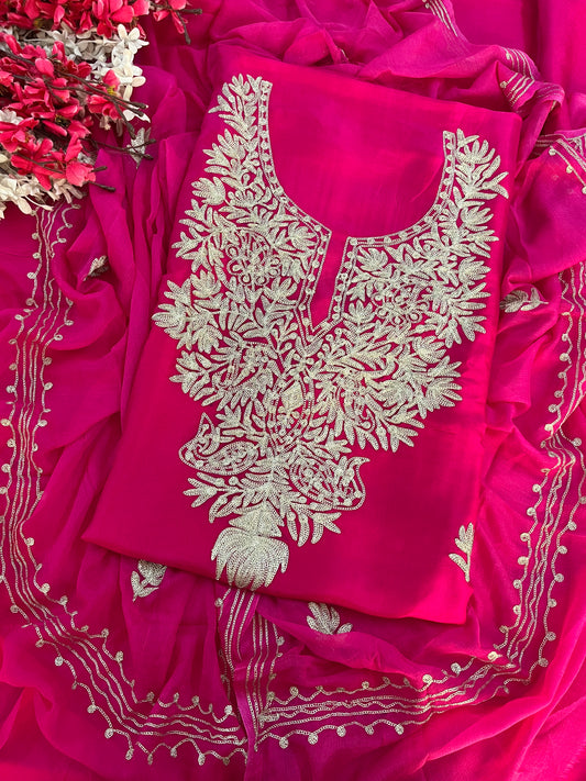 Hot Pink Silk Tilla Kashmiri Suit