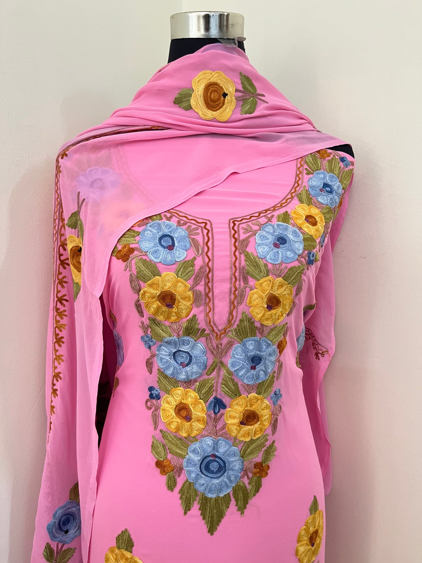 Georgette Candy Pink 3 Pc Aari Embroidered Suit
