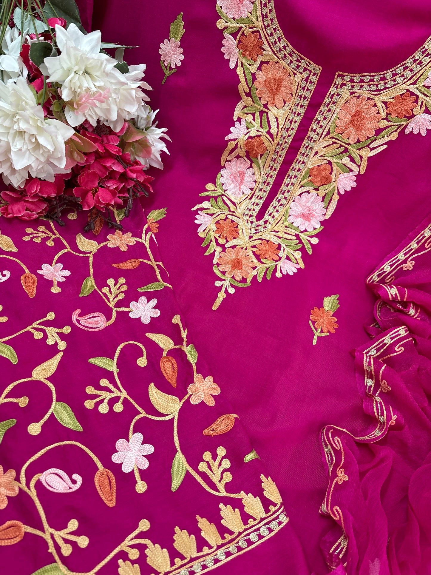 Hot Pink Muslin Cotton Jaal Sleeves Kashmiri 3pc Suit