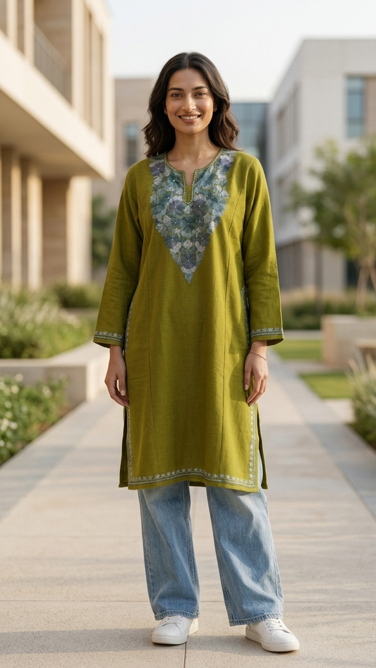 Heena Green Aari Embroidered Wool Pheran