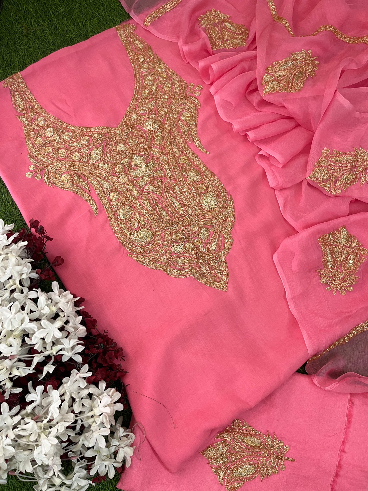 Kalaa’ Soft Pink Muslin Silk Tilla Embroidered Suit material