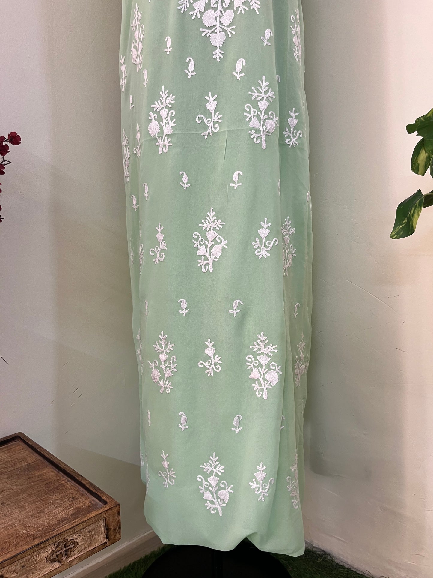 Tea Green Georgette Kashmiri Unstitched Kurta Material