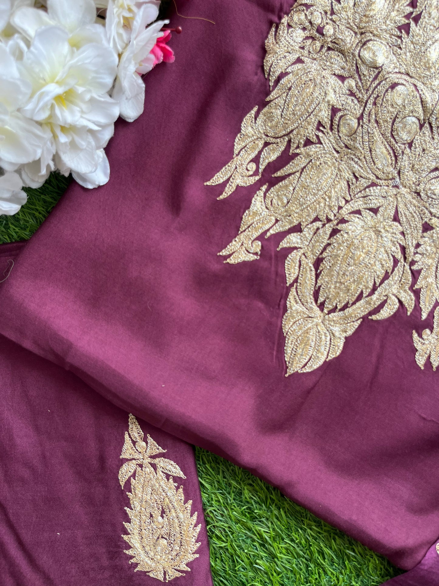 ‘Kalaa’ Wine Muslin Silk Tilla Embroidered Suit material