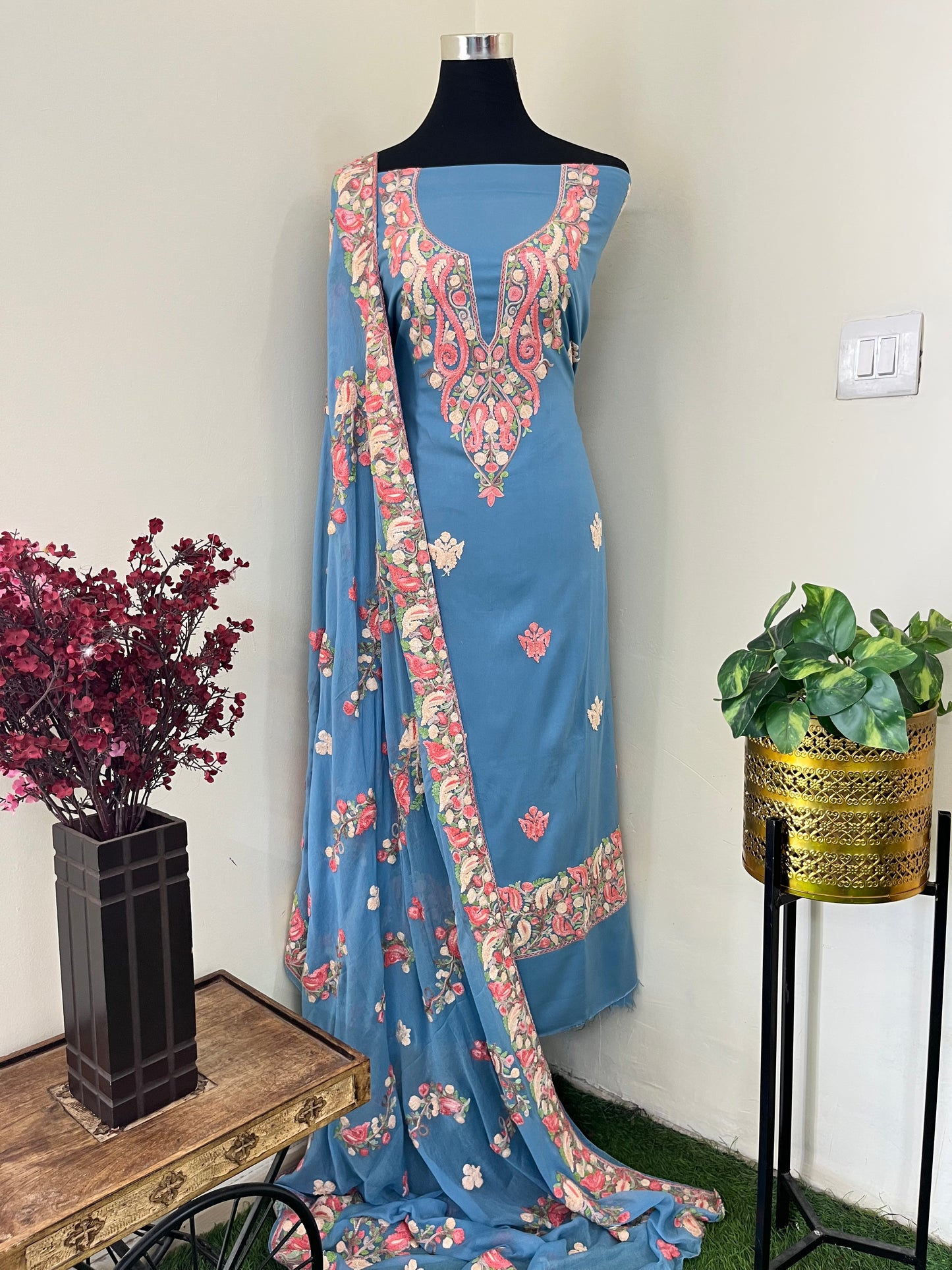 English Grey Rayon Cotton Kashmiri 3pc set
