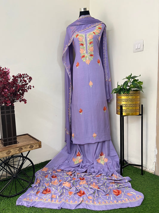 Lavender Muslin Cotton Jaal Sleeves Kashmiri 3pc Suit