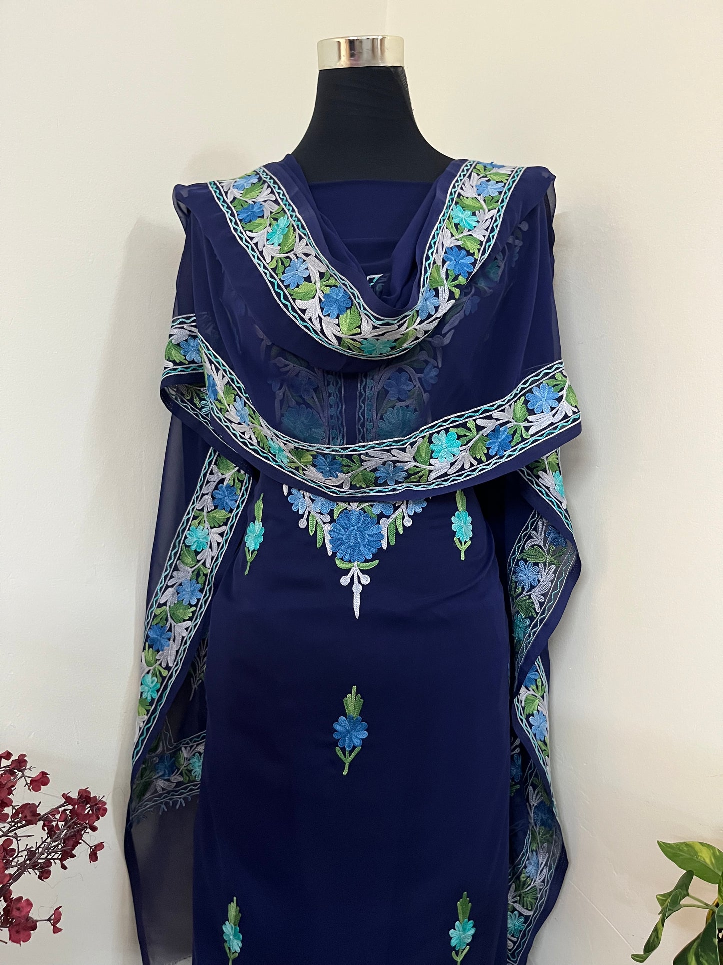 Blue Georgette 3 Pc Aari Embroidered Suit Set