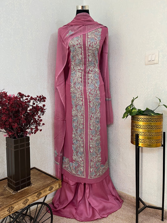 Soft Pink Pure Georgette Achkan Kashmiri Suit