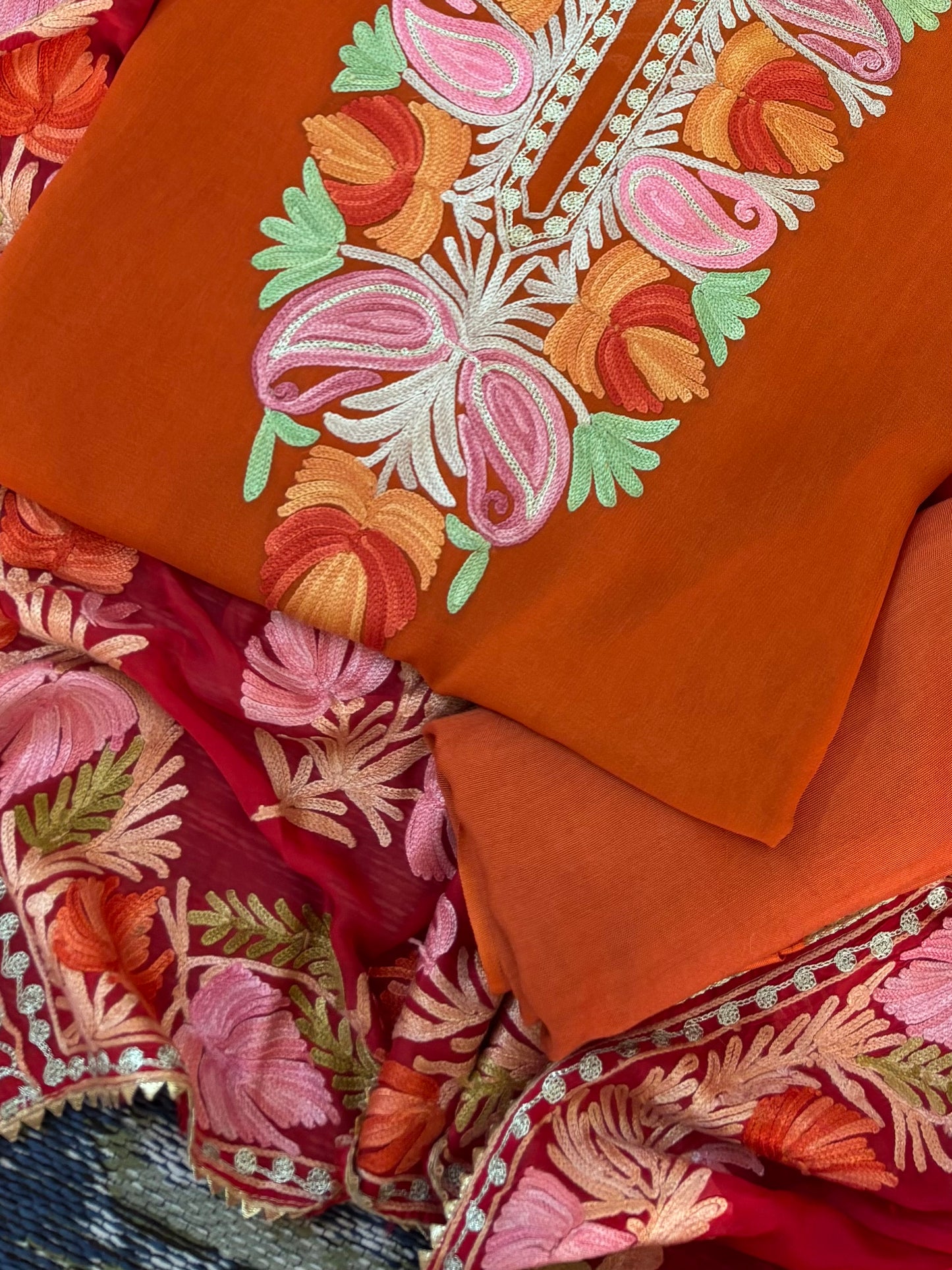 Soft Orange Pure Georgette Kashmiri Suit