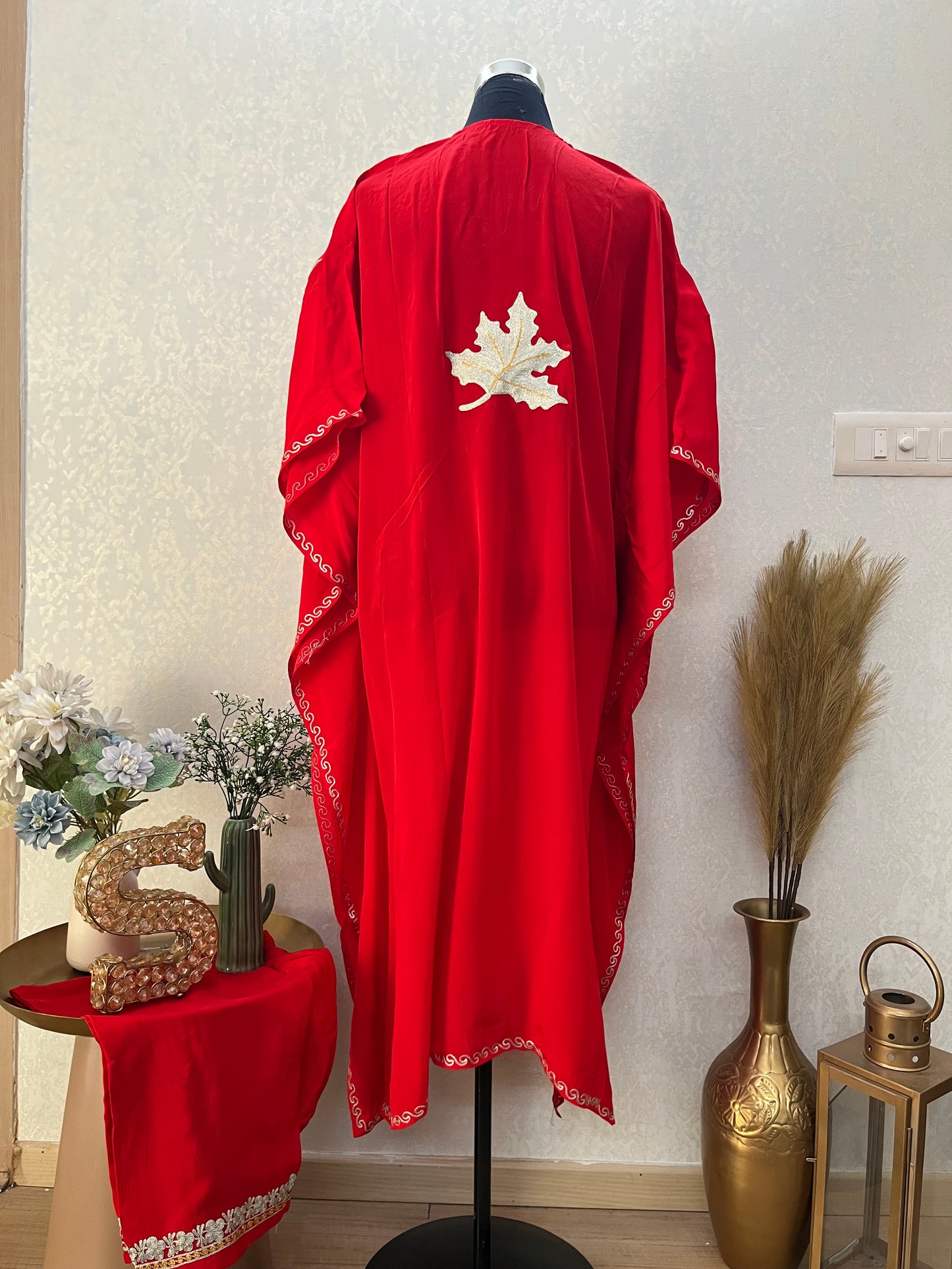 Red Crape Kashmiri Kaftan Set