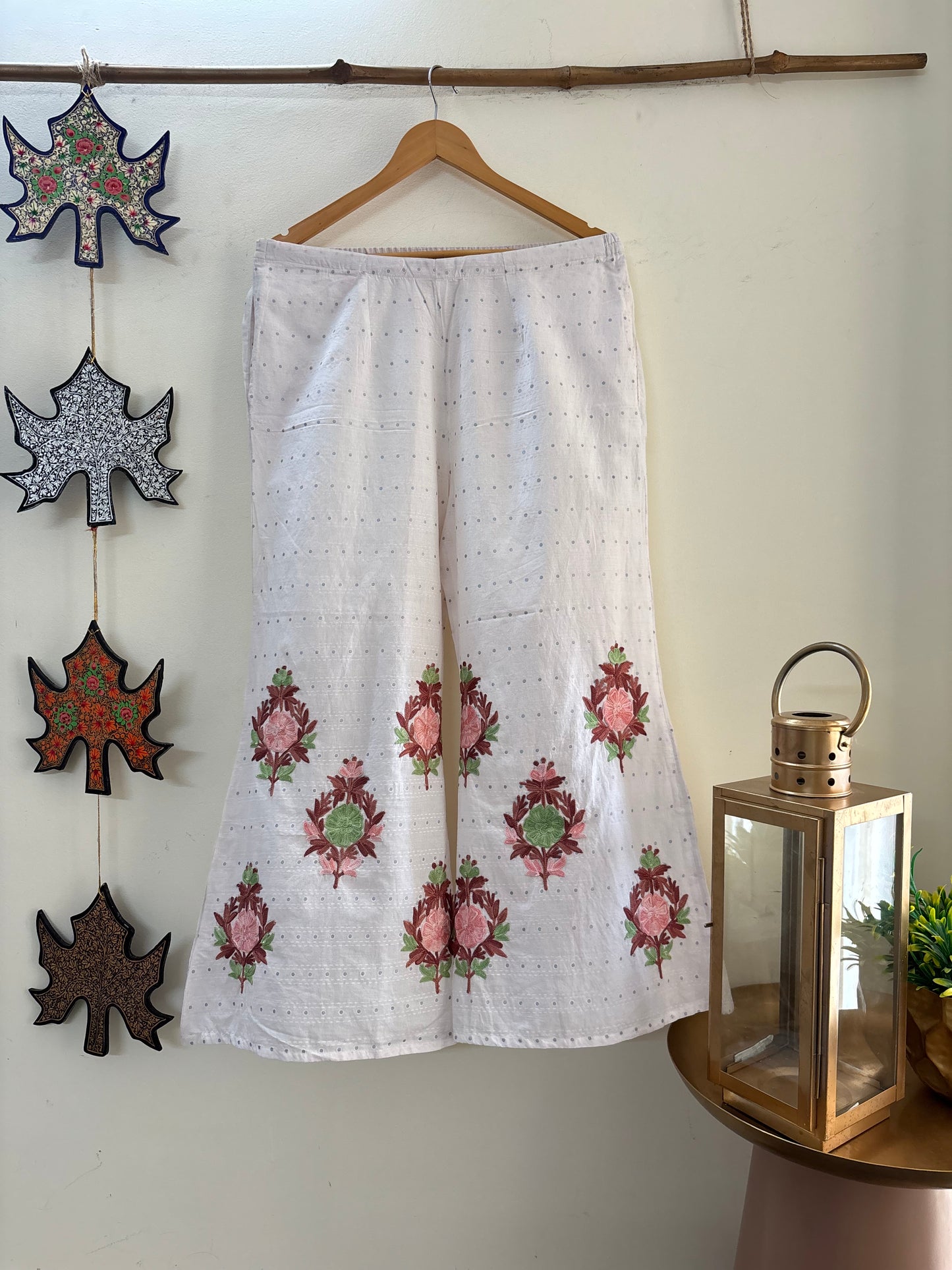 Women Off White Aari Embroidered Palazzos