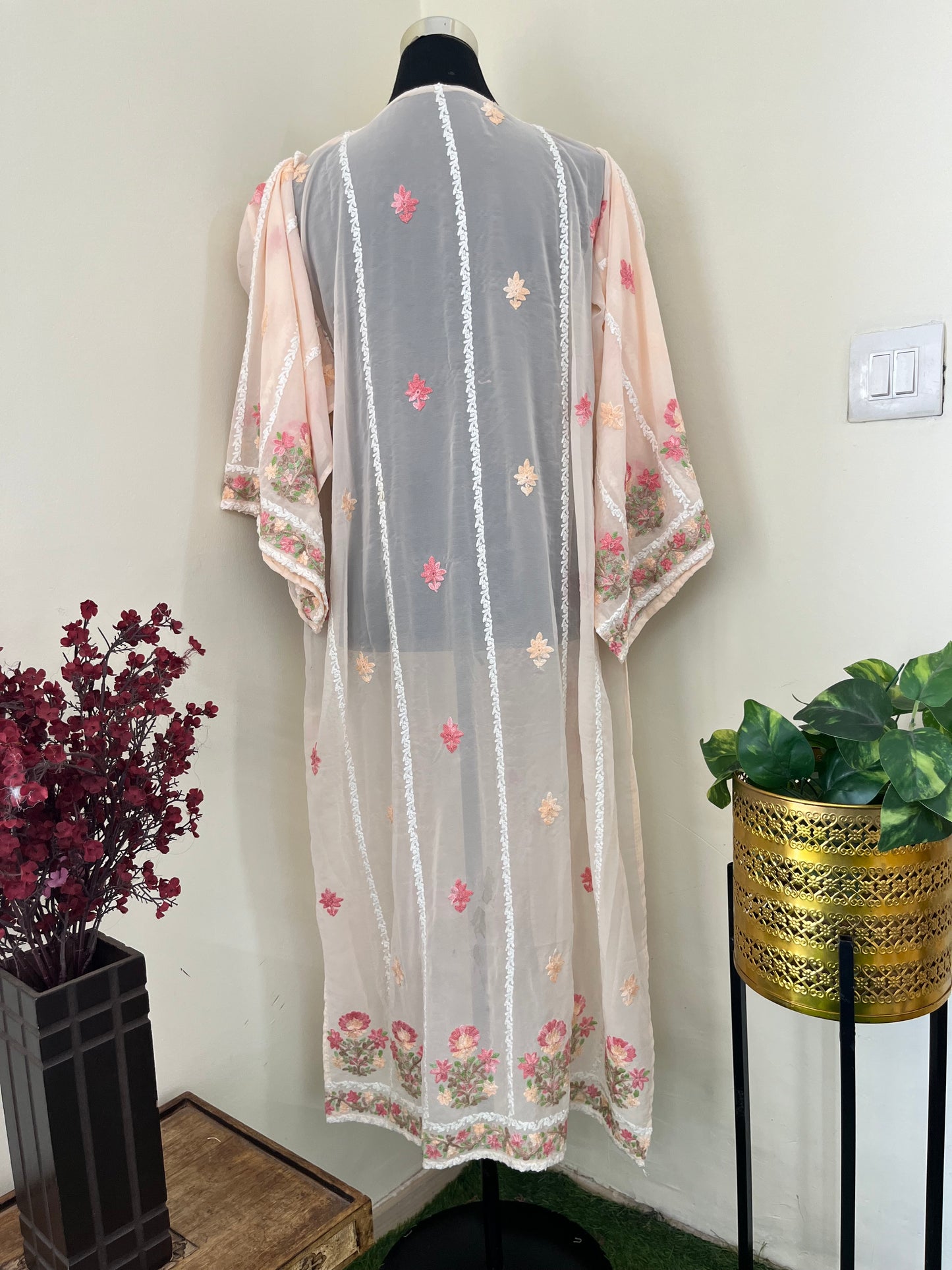 Peach Georgette All over Work Aari Embroidered Unstitched Kurta