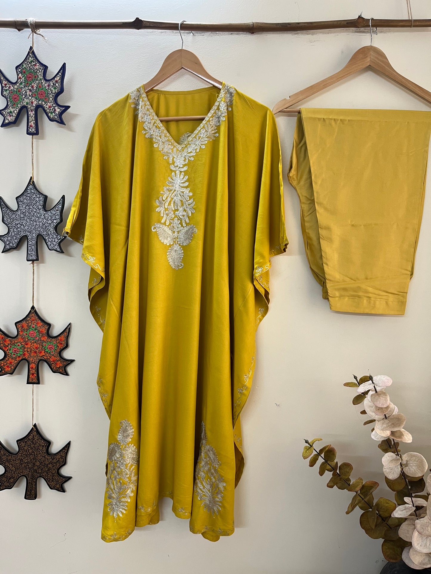 Golden Yellow Rayon Cotton Kashmiri Tilla Kaftan