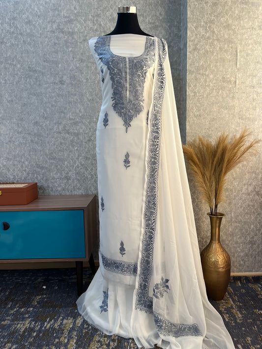 Off White Georgette Aari Embroidered Suit Set