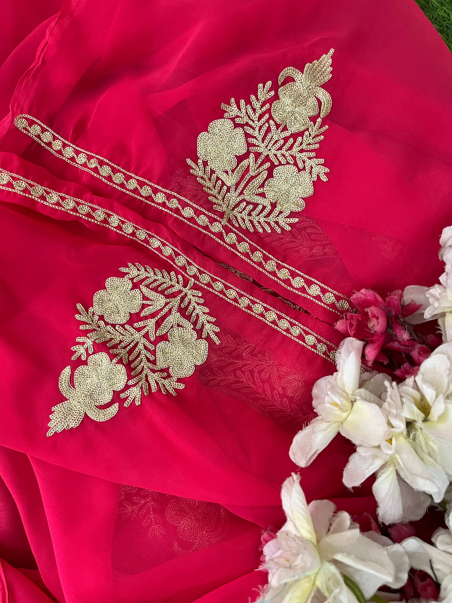 Candy Pink Georgette 3pc Kashmiri Tilla Suit