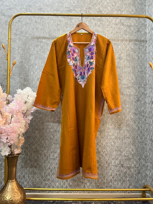 Mustard Aari Embroidered Wool Pheran